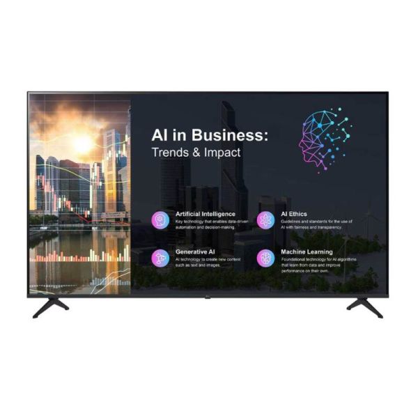 Large 86 inch LG signage screen showing business analytics content